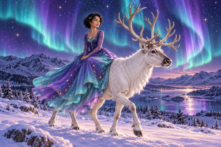 Lumi mit kurzen schwarzen Locken und violett-türkisem Kleid reitet auf einem weißen Rentier unter Polarlichtern. KI-Illustration.