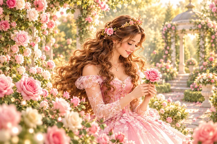 Die Rosenprinzessin mit langen braunen Locken und rosafarbenem Kleid in einem blühenden Garten. KI-Illustration.