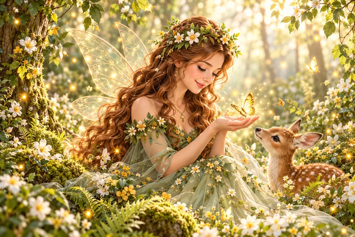 Die Waldprinzessin mit langen braunen Haaren, Blütenkranz, grünem Kleid und zarten Flügeln. KI-Illustration.
